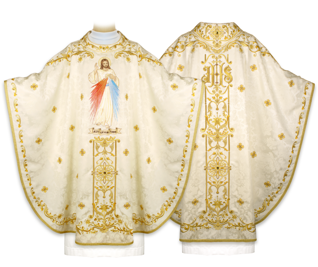 Casulla blanca bordada con imagen sagrada de Jesús Misericordioso