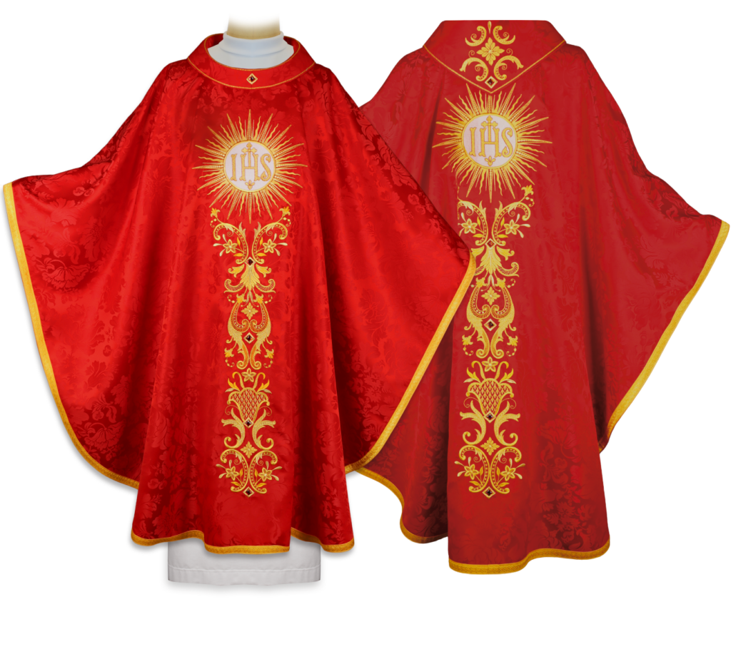 Casulla roja con ornamentación sacra y acabado refinado