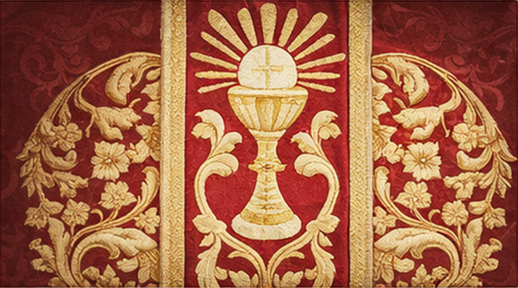 Casulla elegante con ornamentación sacra roja y dorada