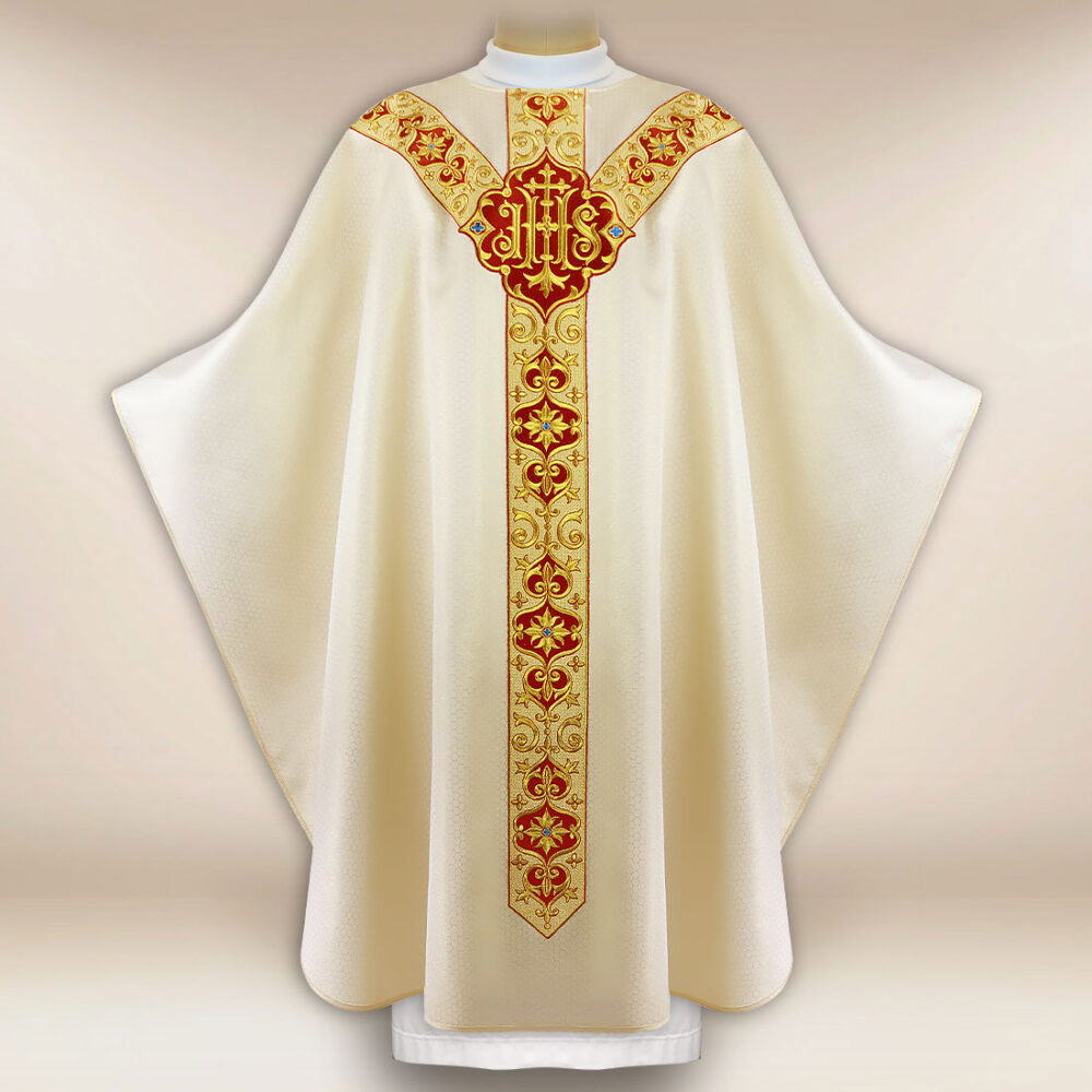 Casulla bordada litúrgica ecru con síVirgen Maríaolo IHS