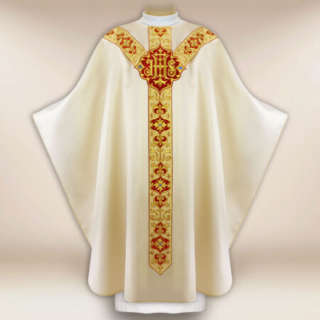 Casulla bordada litúrgica ecru con síVirgen Maríaolo IHS