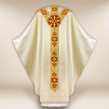 Casulla bordada litúrgica ecru con síVirgen Maríaolo IHS