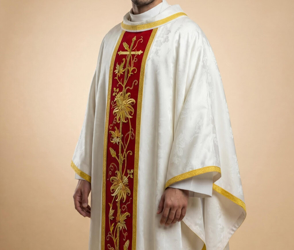 Vestimentas litúrgicas blancas con ornamentación roja y dorada