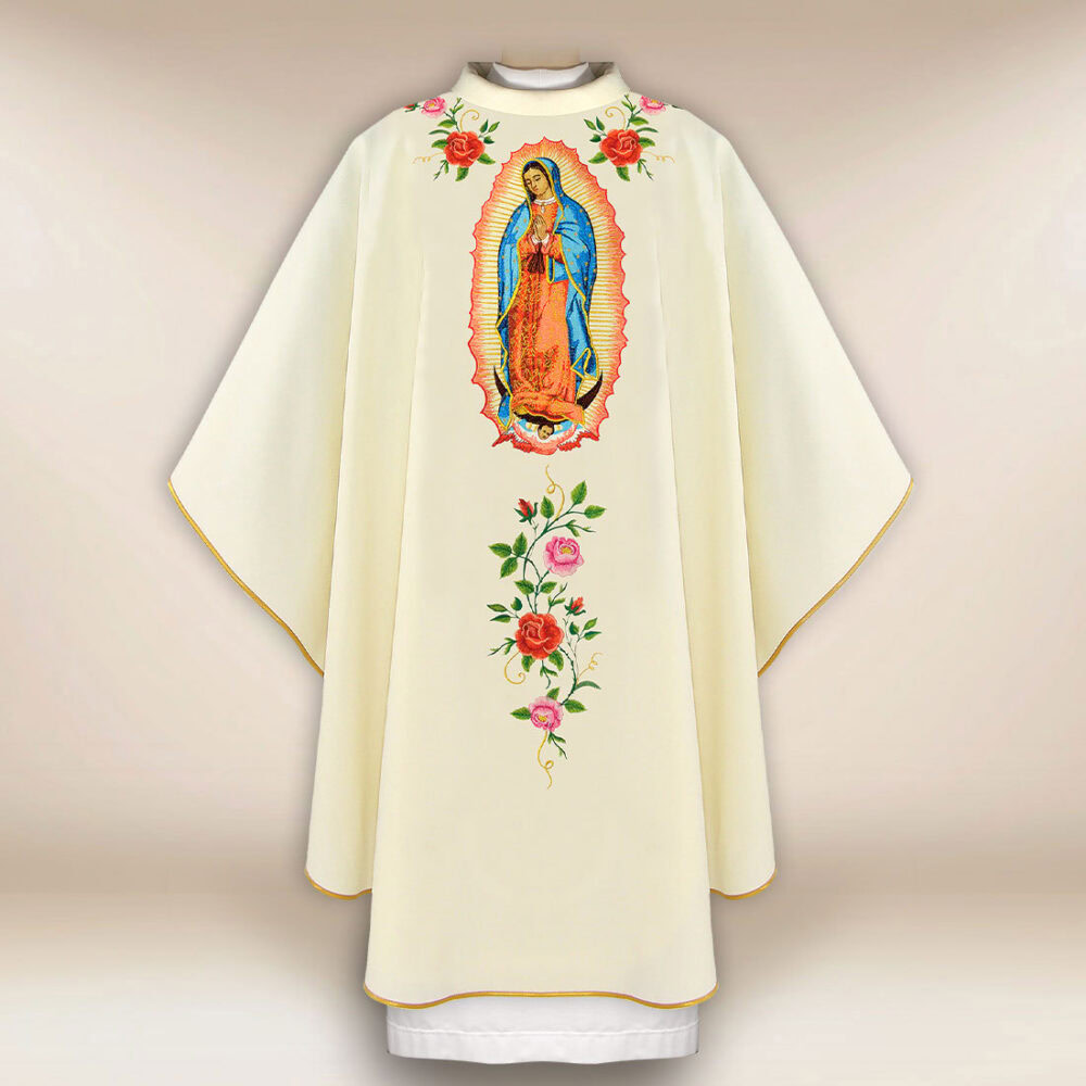 Casulla bordada litúrgica ecru Virgen María de Guadalupe