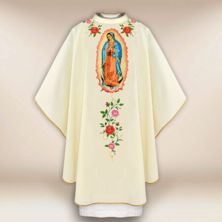 Casulla bordada litúrgica ecru Virgen María de Guadalupe