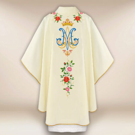 Casulla bordada litúrgica ecru Virgen María de Guadalupe