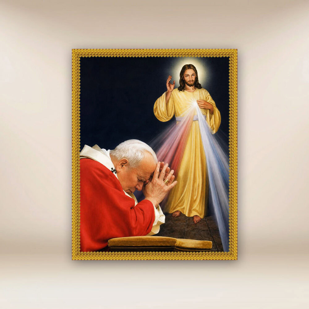 Imagen religiosa sobre tela de Juan Pablo II y Jesús Misericordioso