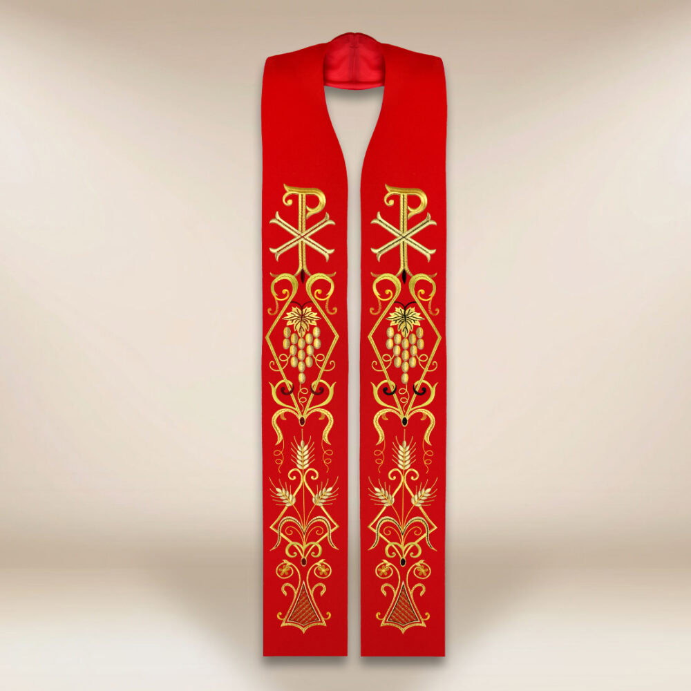 Estola litúrgica bordada roja con el símbolo PX