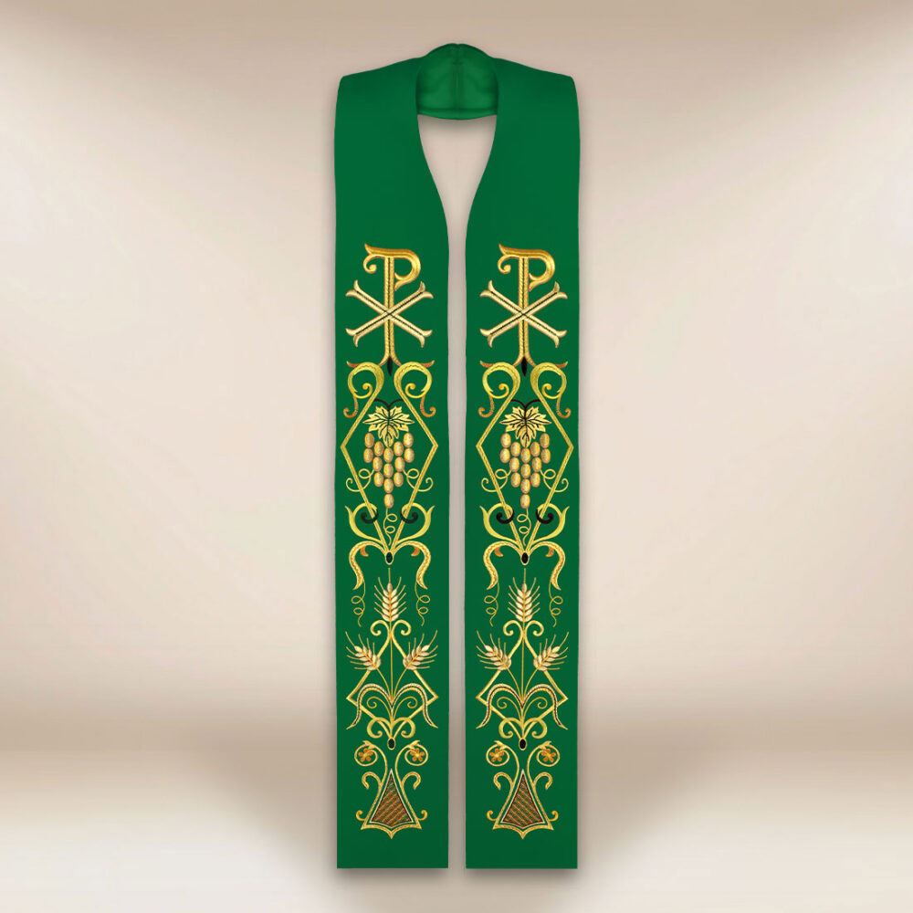 Estola litúrgica verde bordada con el símbolo PX