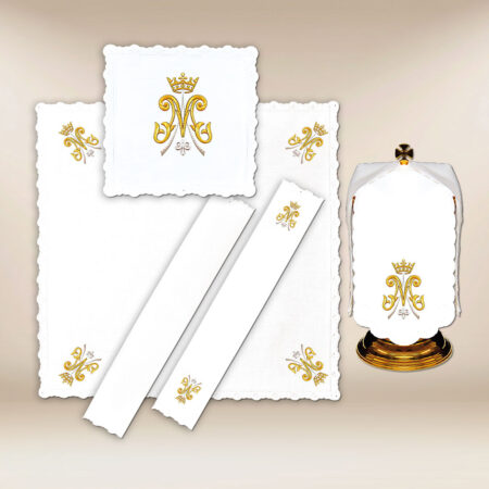 Ropa de altar para el cáliz y conopeo bordado mariano