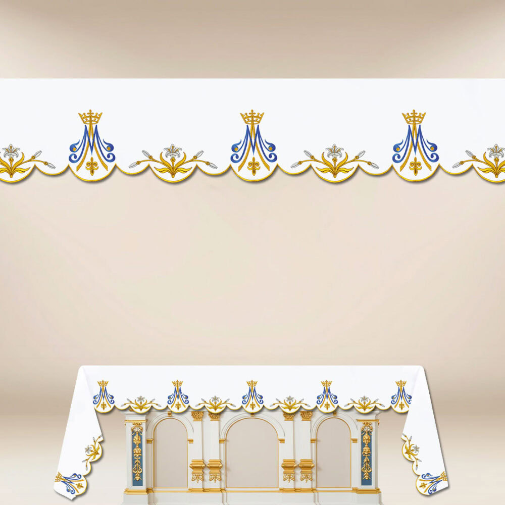 Mantel de altar Mariano con bordado en tonos dorados y azules