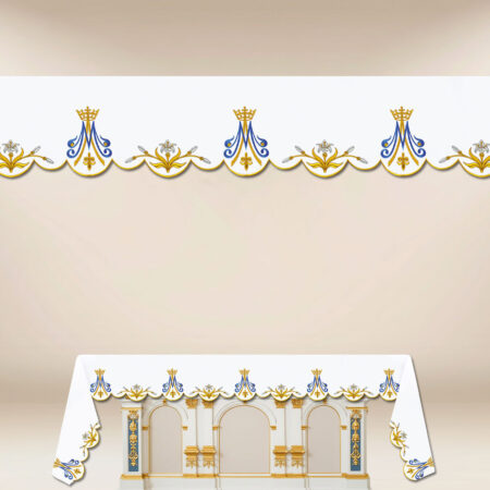 Mantel de altar Mariano con bordado en tonos dorados y azules