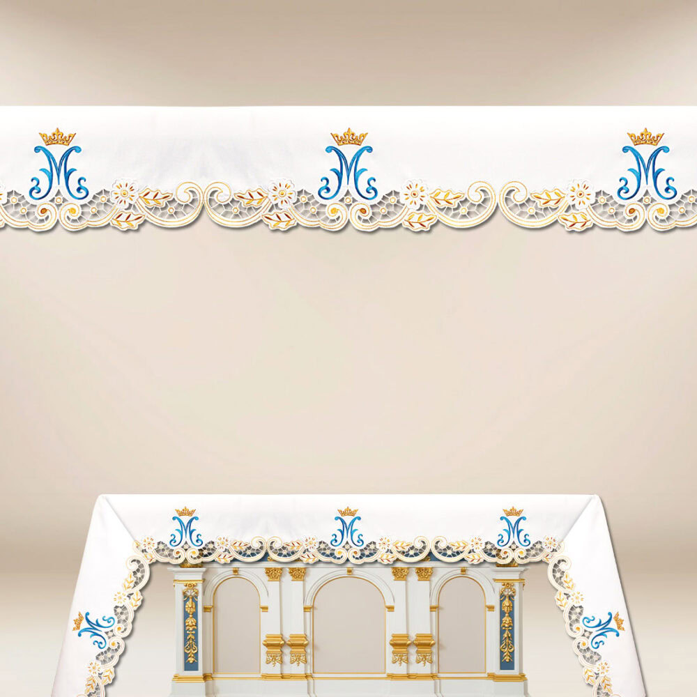 Mantel de altar Maryjny con bordado en oro y azul