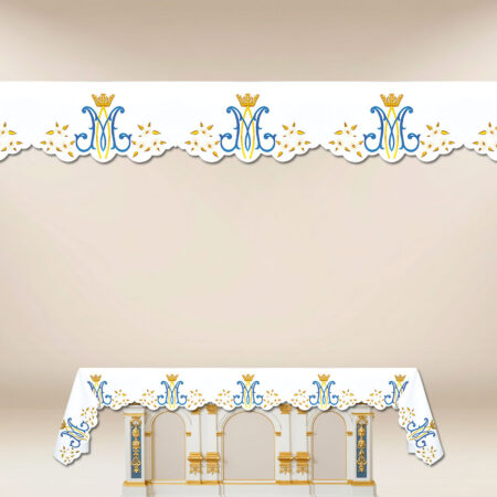 Mantel de altar Mariano con bordado en tonos dorados y azules
