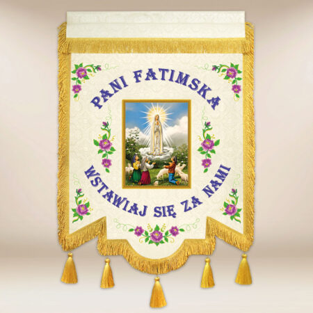 Chorągiew dwustronna haftowana z wizerunkiem Matki Bożej Fatimskiej